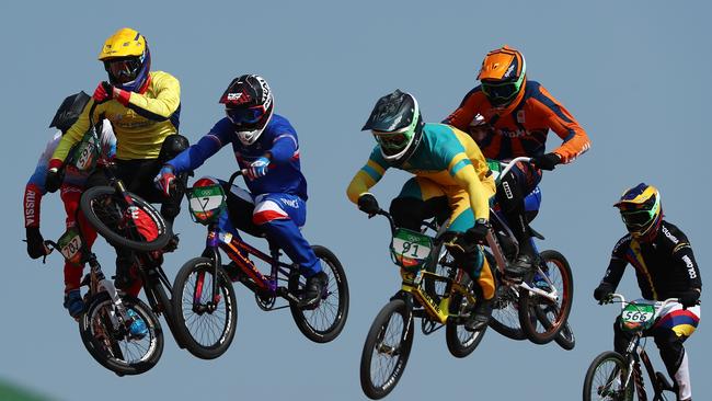 Carlos Mario Oquendo Zabala of Colombia, Sam Willoughby of Australia, Amidou Mir of France, Alfredo Campo of Ecuador, Evgeny Komarov of Russia competes in the Cycling BMX — Men's Quarterfinals on Day 13 of the 2016 Rio Olympic Games in Brazil in 2016. Picture: Lars Baron/Getty Images