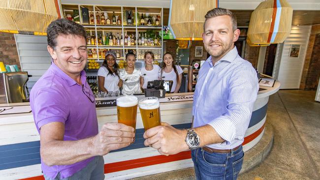 Jaz Mooney and Shaun Dunleavy at the newly renovated Normanby Hotel in Red Hill, in happier times. Picture: AAP/Richard Walker