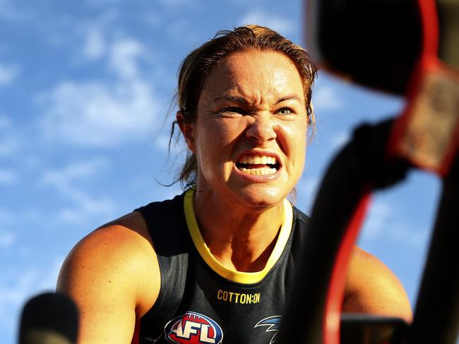 Cramey during a gruelling Crows AFLW pre-season training session in 2018. Picture: SARAH REED