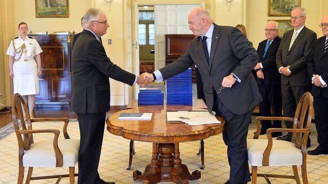 Commissioner Justice Peter McClellan and the Governor-General of Australia Peter Cosgrove at the signing ceremony and the release of the final report of the Royal Commission into Institutional Responses to Child Sexual Abuse. Picture: Jeremy Piper.