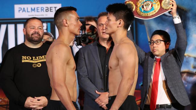 Tim Tszyu and Takeshi Inoue Weigh In at The Star. Picture: No Limit Boxing / Brett Costello