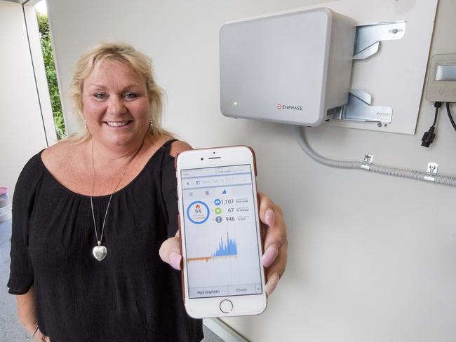 Sally Brook has 20 solar panels and is now looking to have a second and third battery installed in hope of one day living entirely off sustainable energy. Picture: Jason Edwards