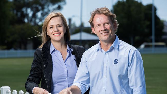 Sturt Football Club's General Manager Sue Dewing and President Jason Kilic at Unley Oval. Picture: MATT LOXTON