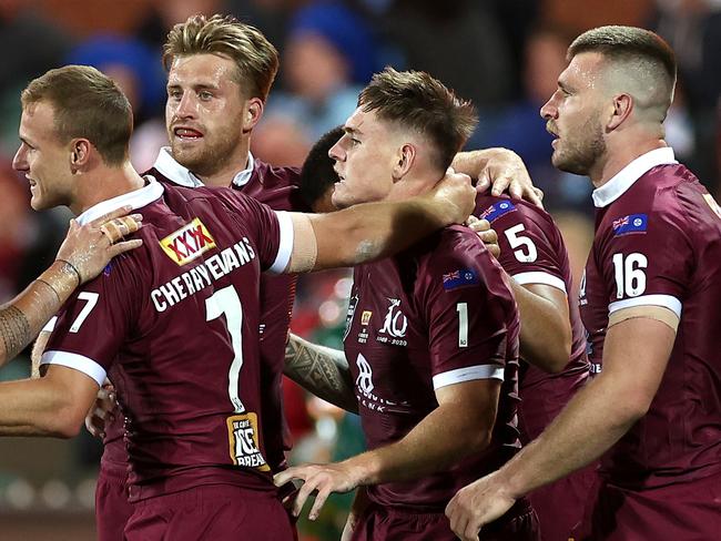 ADELAIDE, AUSTRALIA - NOVEMBER 04: Alex Brimson of the Maroons celebrates with team mates after scoring a try during game one of the 2020 State of Origin series between the Queensland Maroons and the New South Wales Blues at the Adelaide Oval on November 04, 2020 in Adelaide, Australia. (Photo by Cameron Spencer/Getty Images)