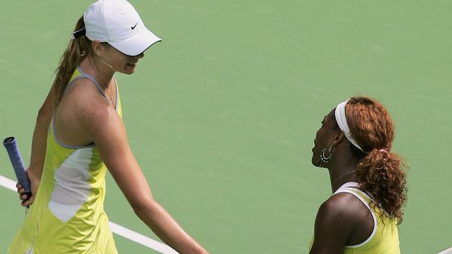 Serena Williams with Maria Sharapova after the 2005 Australian Open final. Picture: AFP