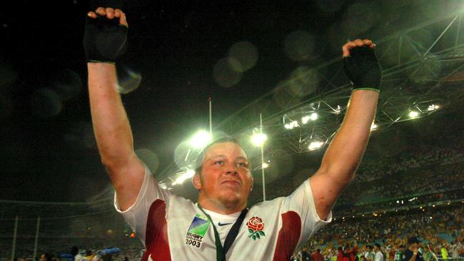 Steve Thompson celebrates England’s World Cup win in 2003