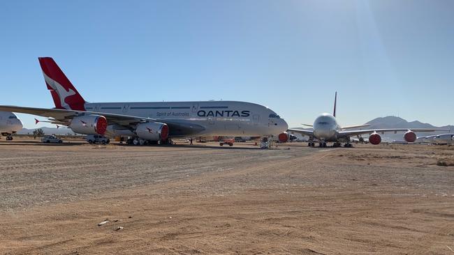 A380s in the Mojave Desert. Pilots have warned Qantas they are struggling with indefinite stand down and want answers. Picture: Supplied.