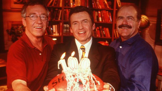 Footy journalist Mike Sheahan with TV sports commentator Bruce McAvaney and football coach Leigh Matthews in ‘Talking/Footy’.