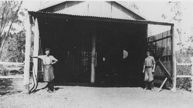 The Scurr brothers at Mt Gravatt. Pictured: Thomas Scurr (left) and Edward (right) at the blacksmith shop on the site of the present Scurr Bros (circa 1930). Photo: Helen O’Brien