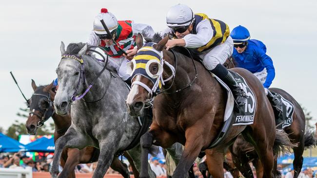 Femminile (right) holding off Statuario in the South Australian Derby at Morphettville earlier this month. Picture: Makoto Kaneko