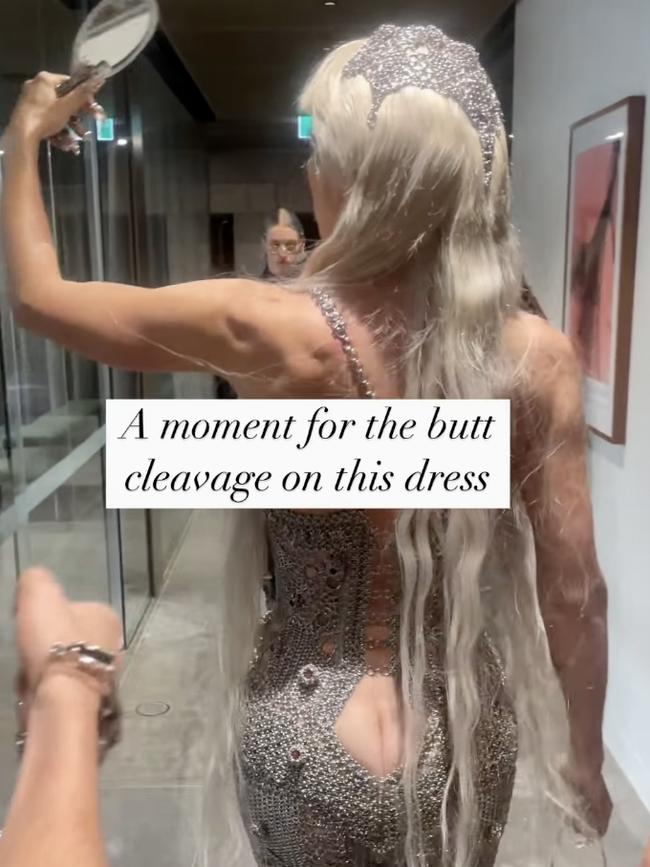 US actor and artist Julia Fox showing butt cleavage in a chain mail gown by Melbourne designer Catholic Guilt at the 2024 NGV Gala. Picture: Instagram