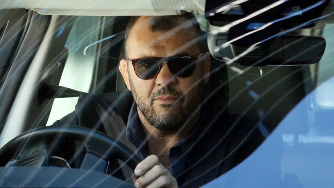 Wallabies coach Michael Cheika leaving the first day of Israel Folau’s code of conduct hearing on Saturday. Picture: Tim Hunter.