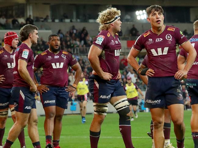 MELBOURNE, AUSTRALIA - APRIL 23: Reds look dejected as Hurricanes score a try during the round 10 Super Rugby Pacific match between the Hurricanes and the Queensland Reds at AAMI Park on April 23, 2022 in Melbourne, Australia. (Photo by Kelly Defina/Getty Images)