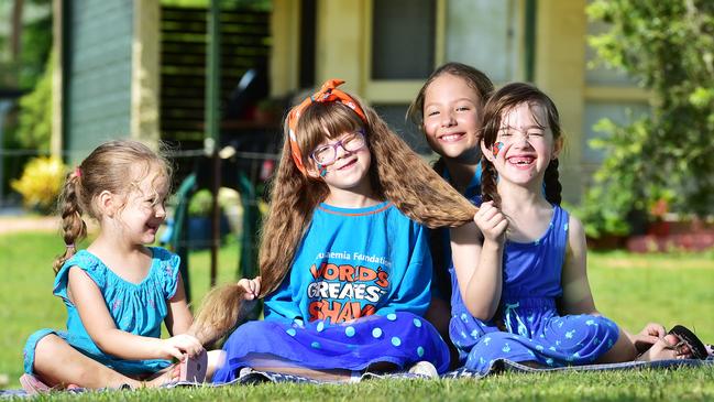 Billie Lewis 5, is in the Australian Top 10 highest donors for World's Greatest Shave having raised more than $10,000. Pictured with her sisters Henley 3, Luca 9 and Zarlie 7. Picture: Alix Sweeney