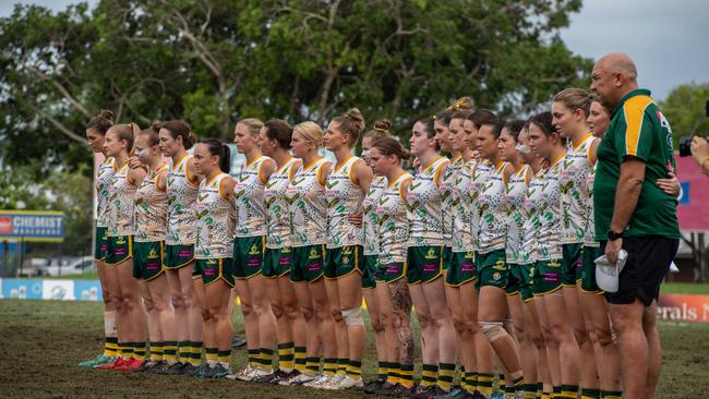 PINT during the National Anthem in the 2023-24 NTFL Women's Grand Final between PINT and St Mary's. Picture: Pema Tamang Pakhrin