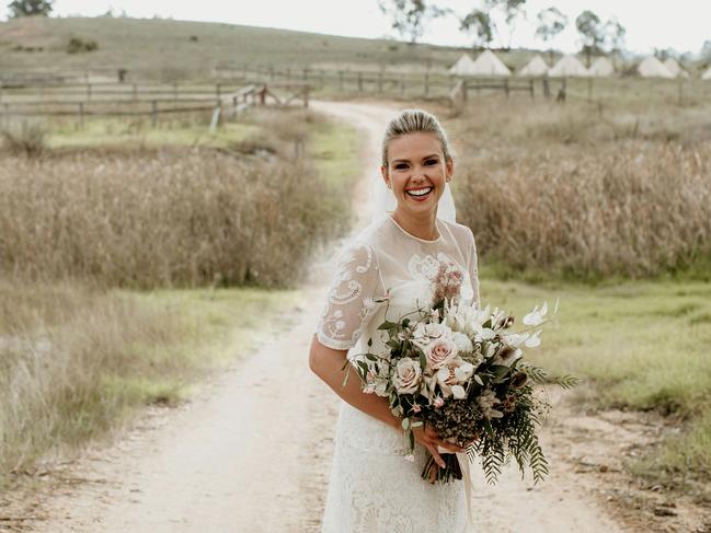 Edwina Bartholomew wore her nan’s lace wedding gown to her nuptials last year. Picture: Edwina Robertson