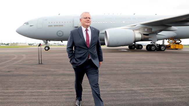 Australian Prime Minister Scott Morrison lands in the United Kingdom ahead of the G7 Summit in Cornwall. Picture: Adam Taylor/PMO