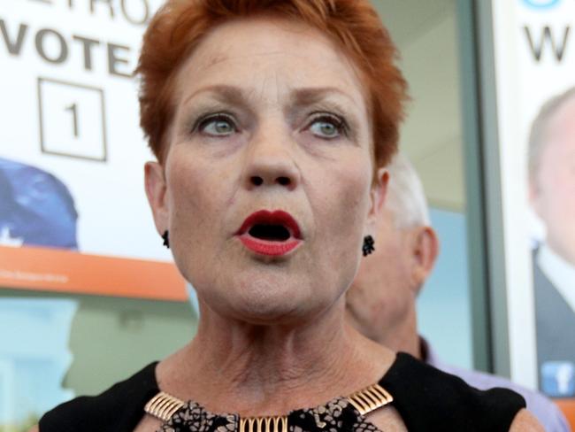 One Nation leader Pauline Hanson holds a press conference with James O'Malley (left) candidate for Rockingham and Phillip Scott, candidate for South Metro outside Rockingham Shopping Centre with on Monday, Mar. 06, 2017. (AAP Image/Richard Wainwright) NO ARCHIVING