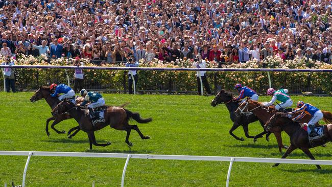 Cross Counter (red cap) ridden by Kerrin McEvoy gets the better of Marmelo in the final stages. Picture: Jason Edwards