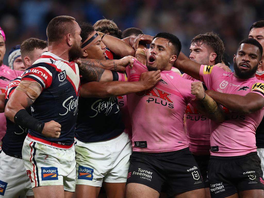 Jared Waerea-Hargreaves and Spencer Leniu’s infamous scuffle last season. Picture: Jason McCawley/Getty Images