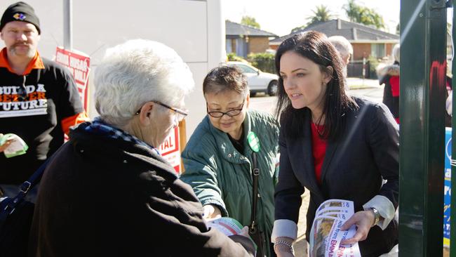 ALP Candidate Emma Husar greets voters at Bennett Road Public School. She claimed victory in Lindsay.