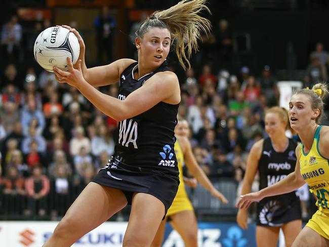 Gina Crampton of New Zealand during the 2018 Netball Constellation Cup against Australia in Hamilton. Picture: AAP Image