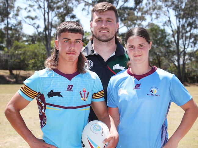 Rabbitoh Jai Arrow with Keebra Park players Harvey Smith and Ivy O'Brien. Picture Glenn Hampson