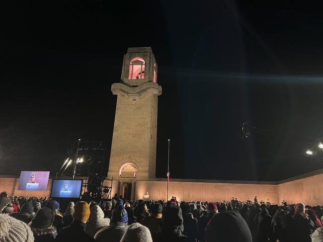 Big crowd in the pre-dawn for the Anzac service at The Sir John Monash Centre, Villers-Bretonneux, Western Front, France. Picture: X