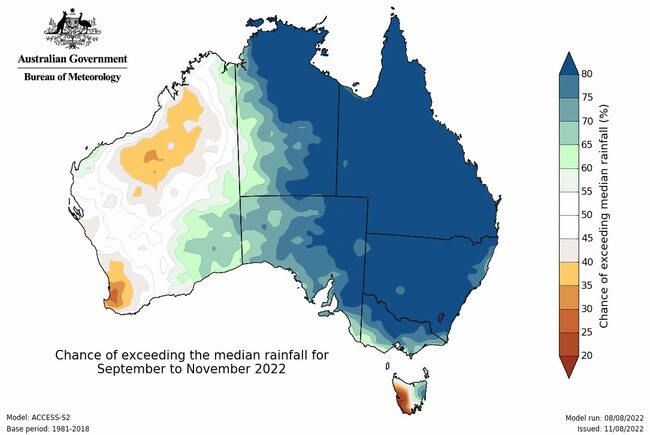 Above-median rainfall is very likely from September to November for much of the eastern two-thirds of the mainland (chances are greater than 80 per cent)