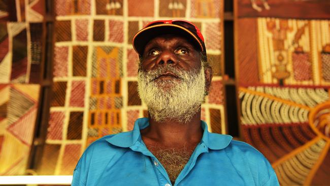 Local Artist Graham Tipungwnti showcases some of his artwork at the Ngaruwanajjiri Art Market in the Tiwi Islands Picture: Keri Megelus