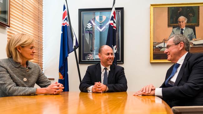 Treasurer Josh Frydenberg with new ASIC Chair Joe Longo and Deputy Sarah Court.