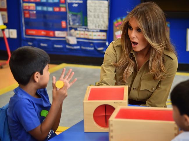 Mrs Trump chats with students during a visit to the American International School in the Saudi capital Riyadh on May 21, 2017. Picture: Giuseppe Cacace