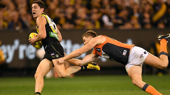 Jason Castagna is a hard man to stop for the Tigers. Picture: AAP Images