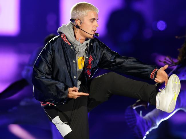 Justin Bieber on stage during his concert at ANZ Stadium in Homebush. Picture: Jonathan Ng