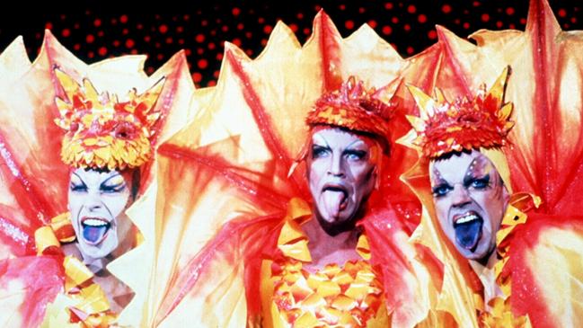 Guy Pearce, Terence Stamp and Hugo Weaving in a scene from the 1994 film The Adventures of Priscilla, Queen of the Desert. Picture: Supplied