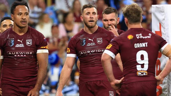 Daniel Saifiti scores and Queensland are shell shocked during Game 1 of the 2021 State of Origin Series between Queensland and NSW at Queensland Country Bank Stadium, in Townsville. Pics Adam Head