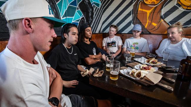 Some of the friends of Oscar Valentin and Angus Prior bravely talk about how they coped with their deaths. Pictured (L-R) are: Sam Lock (21) Nick Llamas (20) Johan Fetlaar (22) Josh Banning (23) Jacob Coster (21) Justene Gordon from The Burdekin Association. Pictures by Julian Andrews.