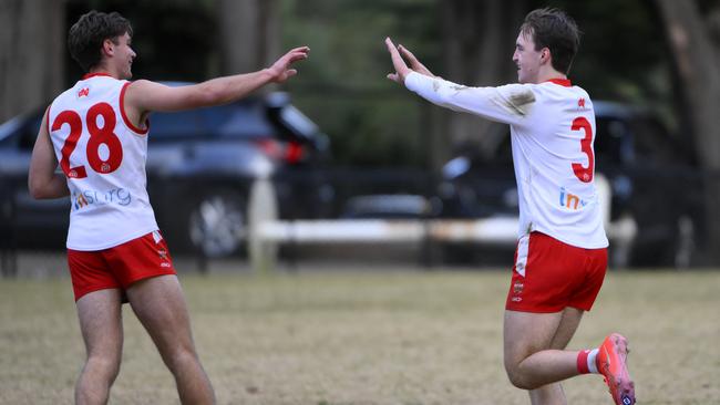 Percy Hyett (left) and Ned Ford celebrate a goal for Olinda Ferny Creek on Saturday. Picture: Andrew Batsch