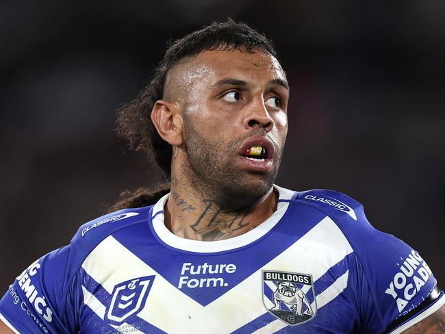 SYDNEY, AUSTRALIA - AUGUST 30:  Josh Addo-Carr of the Bulldogs looks on during the round 26 NRL match between Canterbury Bulldogs and Manly Sea Eagles at Accor Stadium on August 30, 2024, in Sydney, Australia. (Photo by Cameron Spencer/Getty Images)