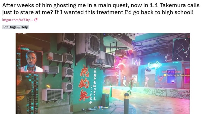 A post on the Cyberpunk subreddit from a gamer disappointed they still can’t get past this level of the game.