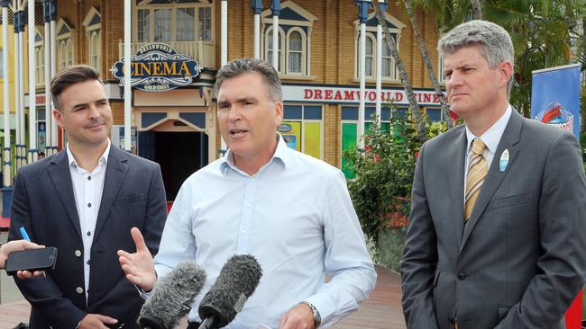 Dreamworld will be opening Australia’s first Lego certified store later this year. Photo of (L-R) Troy Taylor (Lego), Craig Davidson (Dreamworld), Sterling Hinchcliffe MP at the announcement. Picture: Richard Gosling.