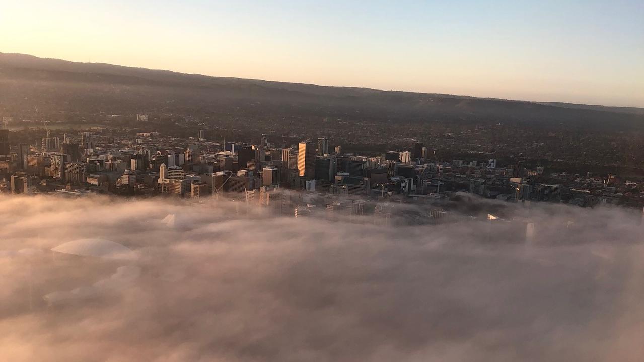 Pictures of low cloud/ fog from the viewpoint of Melbourne-Adelaide Qantas flight QF671. The flight was diverted back to Melbourne. Picture: Darren Watson