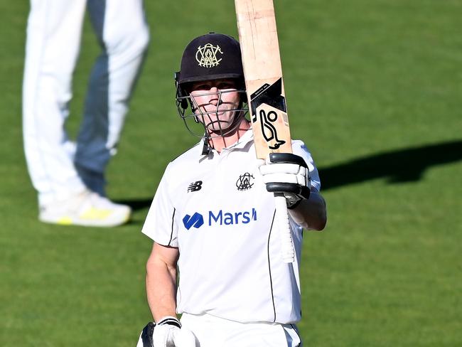 HOBART, AUSTRALIA - FEBRUARY 22: Cameron Bancroft of Western Australia celebrates scoring a half century during the Sheffield Shield match between Tasmania and Western Australia at Blundstone Arena, on February 22, 2023, in Hobart, Australia. (Photo by Steve Bell/Getty Images)