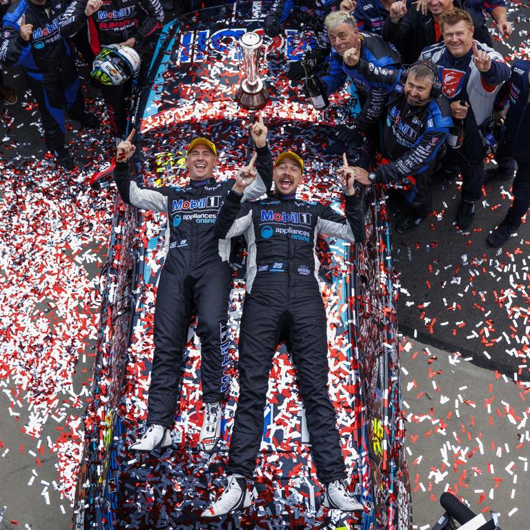 Chaz Mostert and Lee Holdsworth after winning the 2021 Bathurst 1000. Picture: Mark Horsburgh