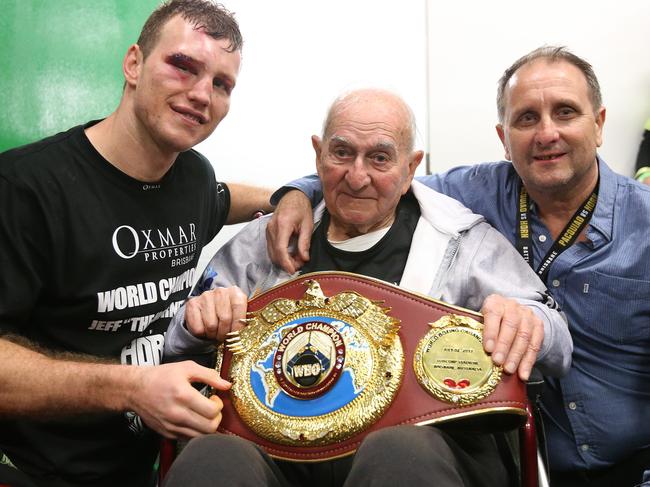 Jeff Horn with his grandad Ray and father Jeff. The main fight between Manny Pacquiao and Jeff Horn at Suncorp Stadium.  Pic Peter Wallis