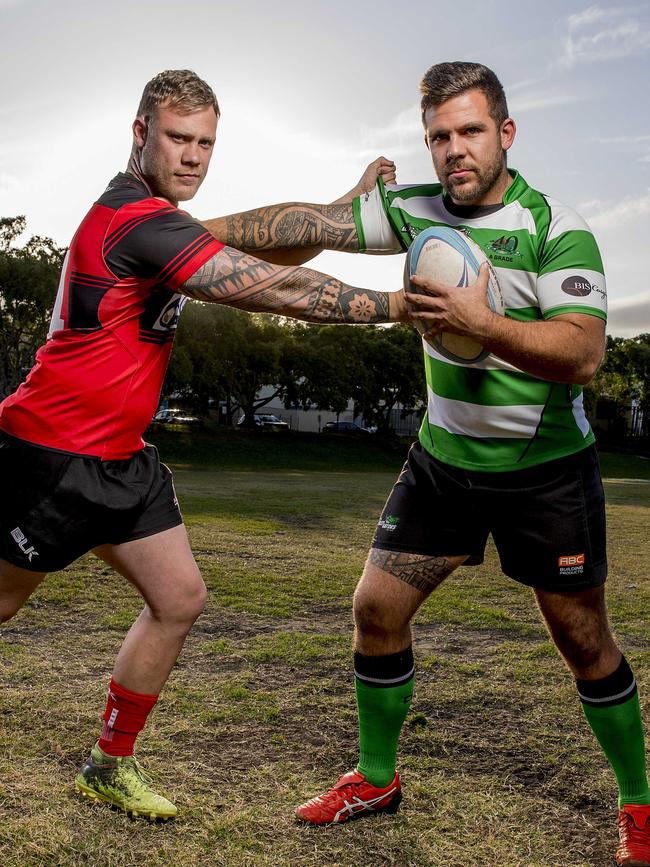 GCDRU top of the table clash between Knights and Alleygators will also feature two brothers going head-to-head for the first time. Alleygators' Brad Griffin, 28 (green top), and Knights' Blake Griffin, 25. Picture: Jerad Williams