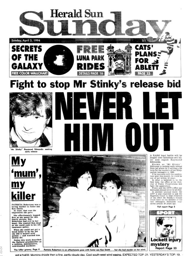 April 1994 Sunday Herald Sun front page: Never Let Him Out