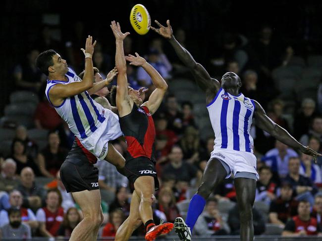 Lindsay Thomas flies with Majak Daw. Picture: Colleen Petch