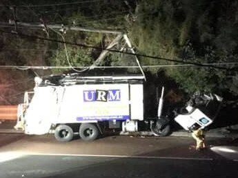 A garbage truck allegedly crashed into a power pole in Warriewoood this morning. Picture: Supplied.