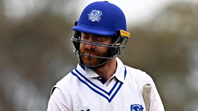 Greenvale KangaroosÃ captain Justin Galeotti is caught out for a golden duck during the Premier Cricket match between Greenvale Kangaroos and Casey-South Melbourne at Greenvale Reserve in Greenvale, Saturday, Oct. 14, 2023. Picture: Andy Brownbill